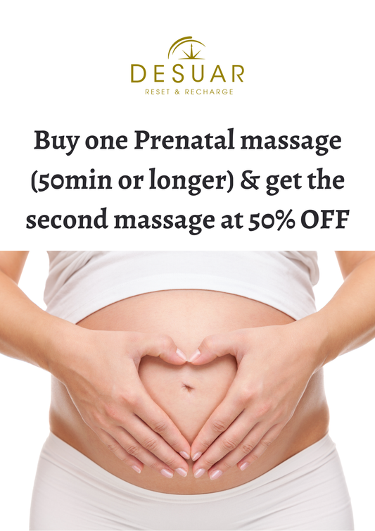 Buy one Prenatal Massage 50 Min and Get your Second one at 50% off.