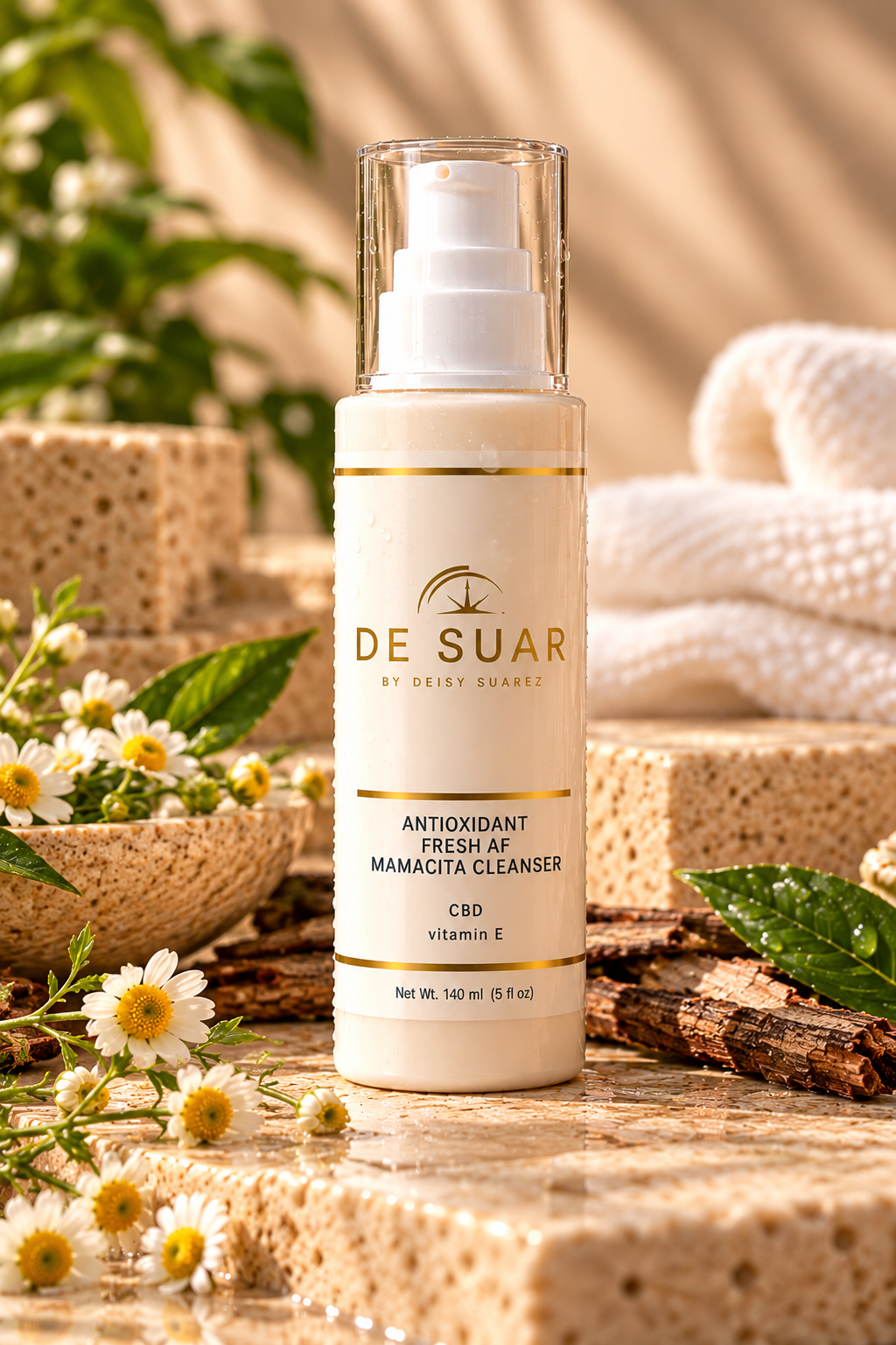 DESUAR Antioxidant Fresh AF Mamacita Cleanser in a warm botanical spa setting