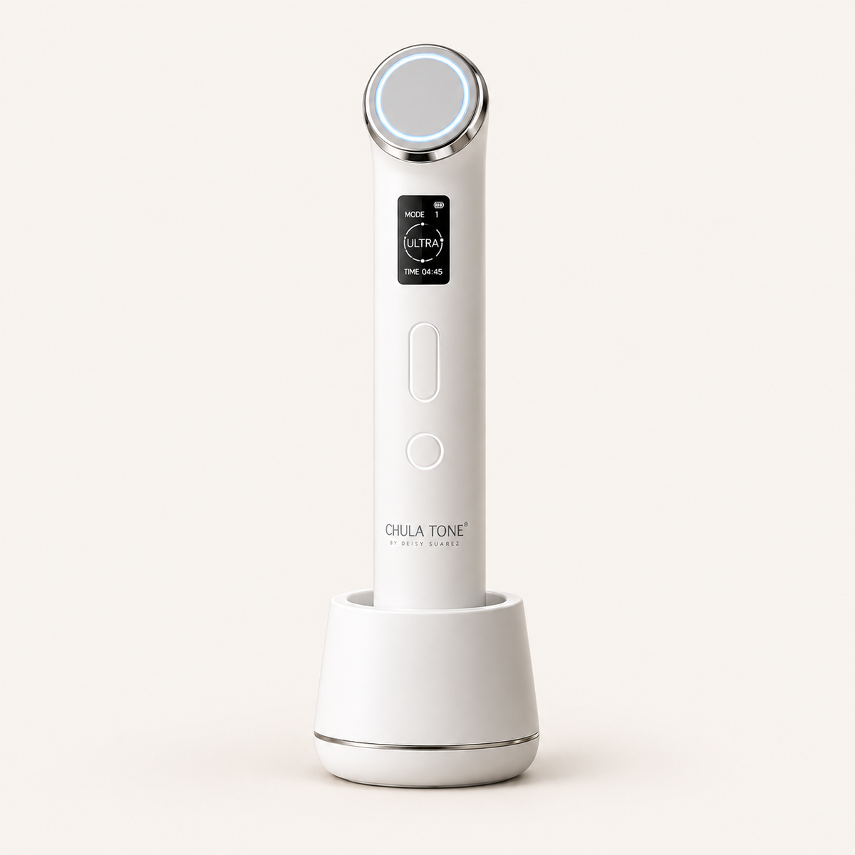 Chula Tone facial device and charging base on warm ivory background