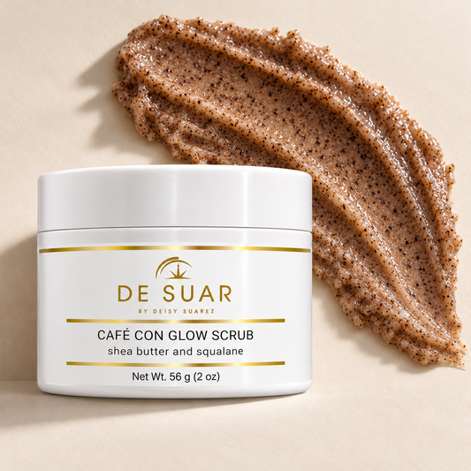 Café con Glow Scrub — 2 oz jar with exfoliating scrub texture on a warm beige background