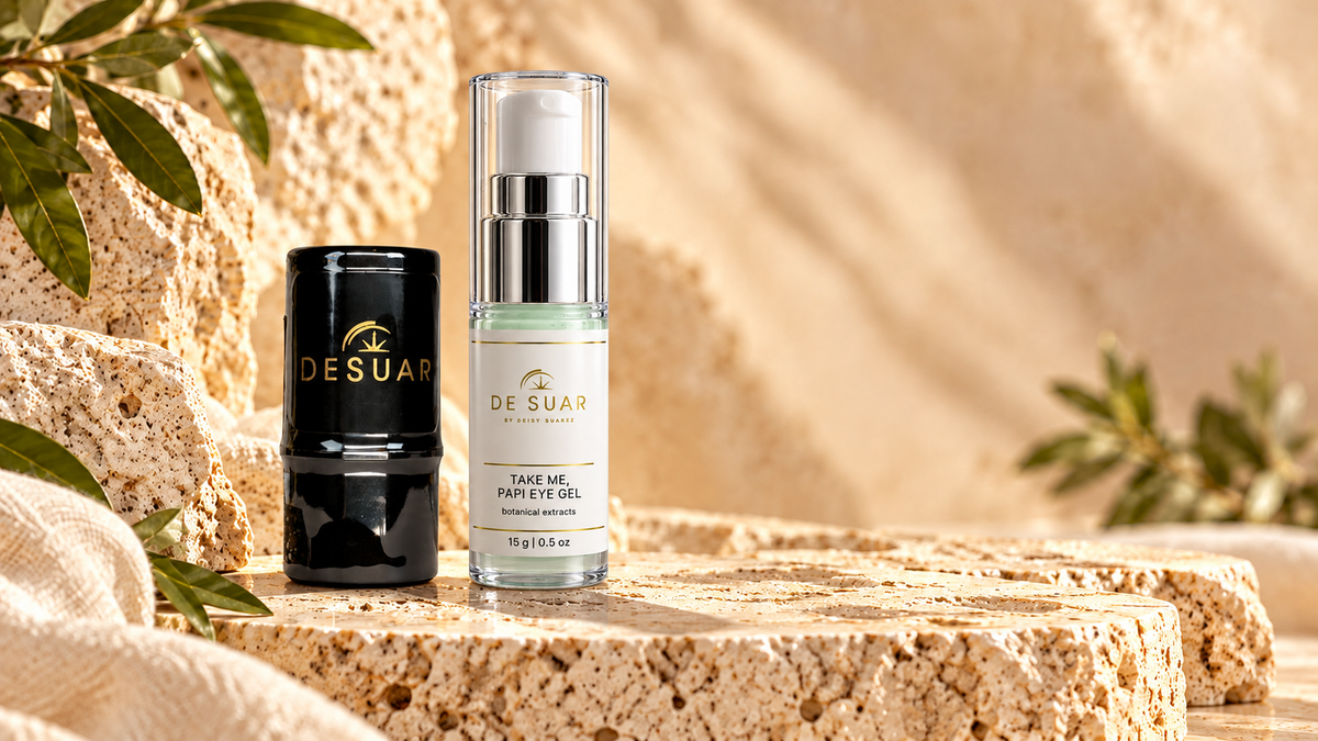 DE SUAR FrescoCryo Eye Stick and Take Me, Papi Eye Gel on warm textured spa stone