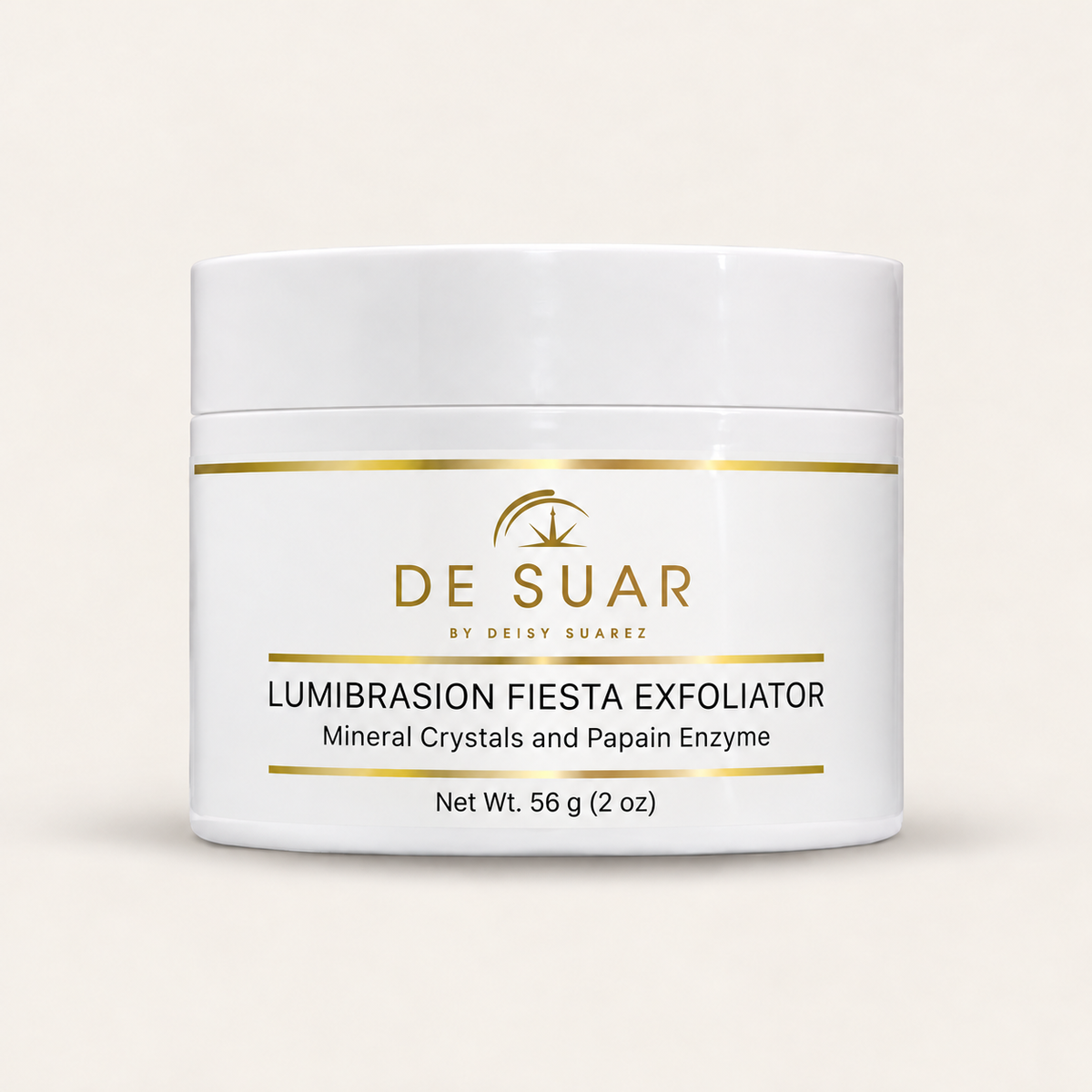 DESUAR Lumibrasion Fiesta Exfoliator with mineral crystals and papain enzyme in a white 56 g (2 oz) jar