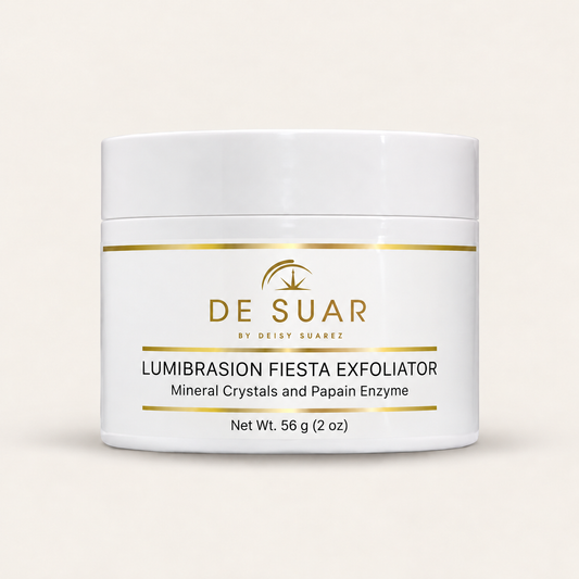 DESUAR Lumibrasion Fiesta Exfoliator with mineral crystals and papain enzyme in a white 56 g (2 oz) jar