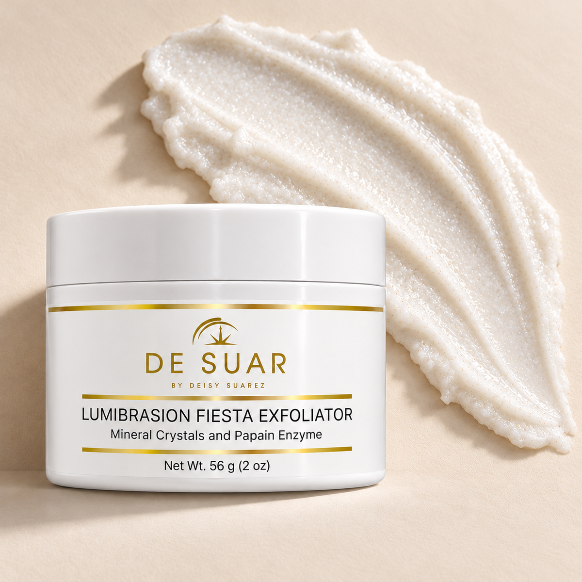 Lumibrasion Fiesta Exfoliator — 2 oz jar with exfoliating scrub texture on a warm beige background