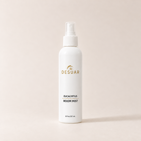 DE SUAR Eucalyptus Room Mist spray bottle on a soft beige background