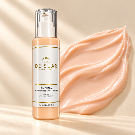 DE SUAR Sin Grasa Hydratante bottle with rosy pink peach medium-weight cream texture