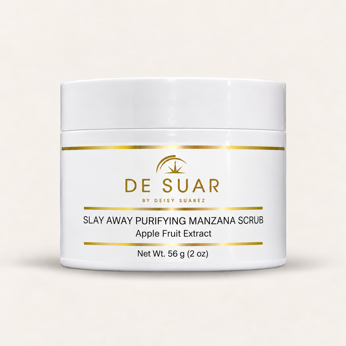 DE SUAR Slay Away Purifying Manzana Scrub in a white 2 oz jar