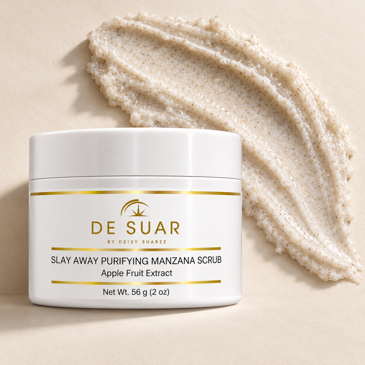 Slay Away Purifying Manzana Scrub — 2 oz jar with exfoliating scrub texture on a warm beige background