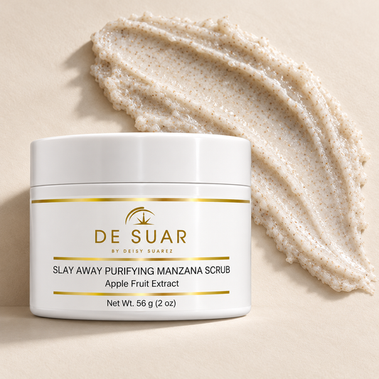 Slay Away Purifying Manzana Scrub — 2 oz jar with exfoliating scrub texture on a warm beige background