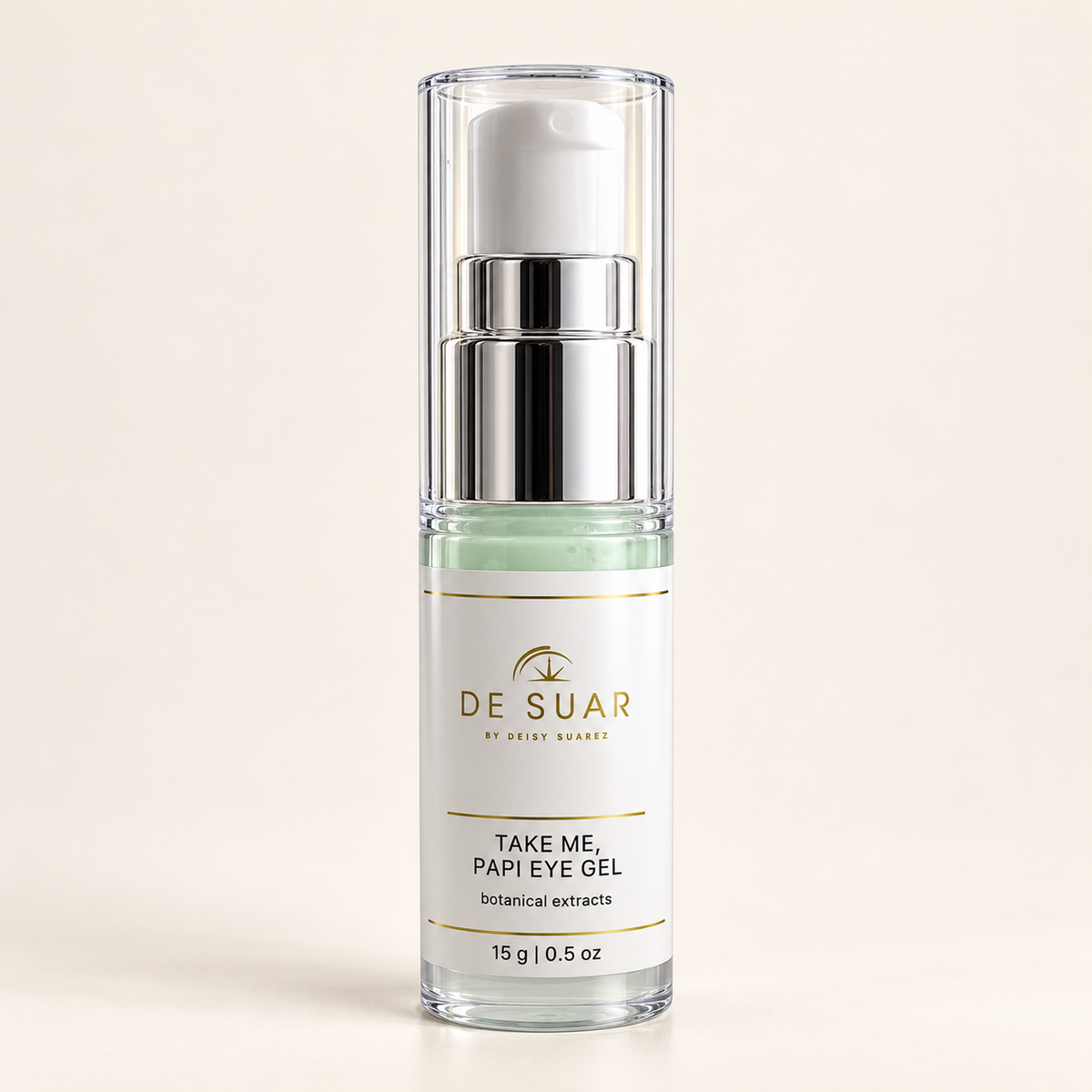 DESUAR Take Me, Papi Eye Gel in its 15 g bottle with silver pump and clear cap