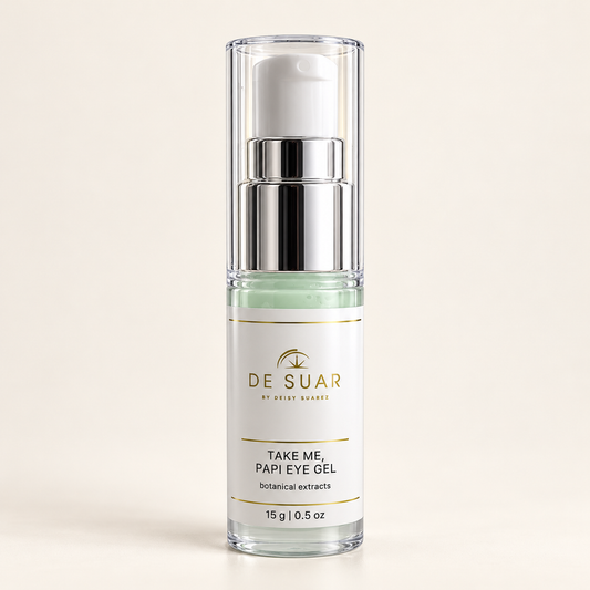 DESUAR Take Me, Papi Eye Gel in its 15 g bottle with silver pump and clear cap